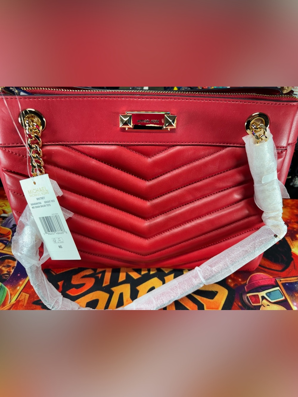 Michael Kors Red Quilted Chevron Shoulder Bag with Gold Hardware